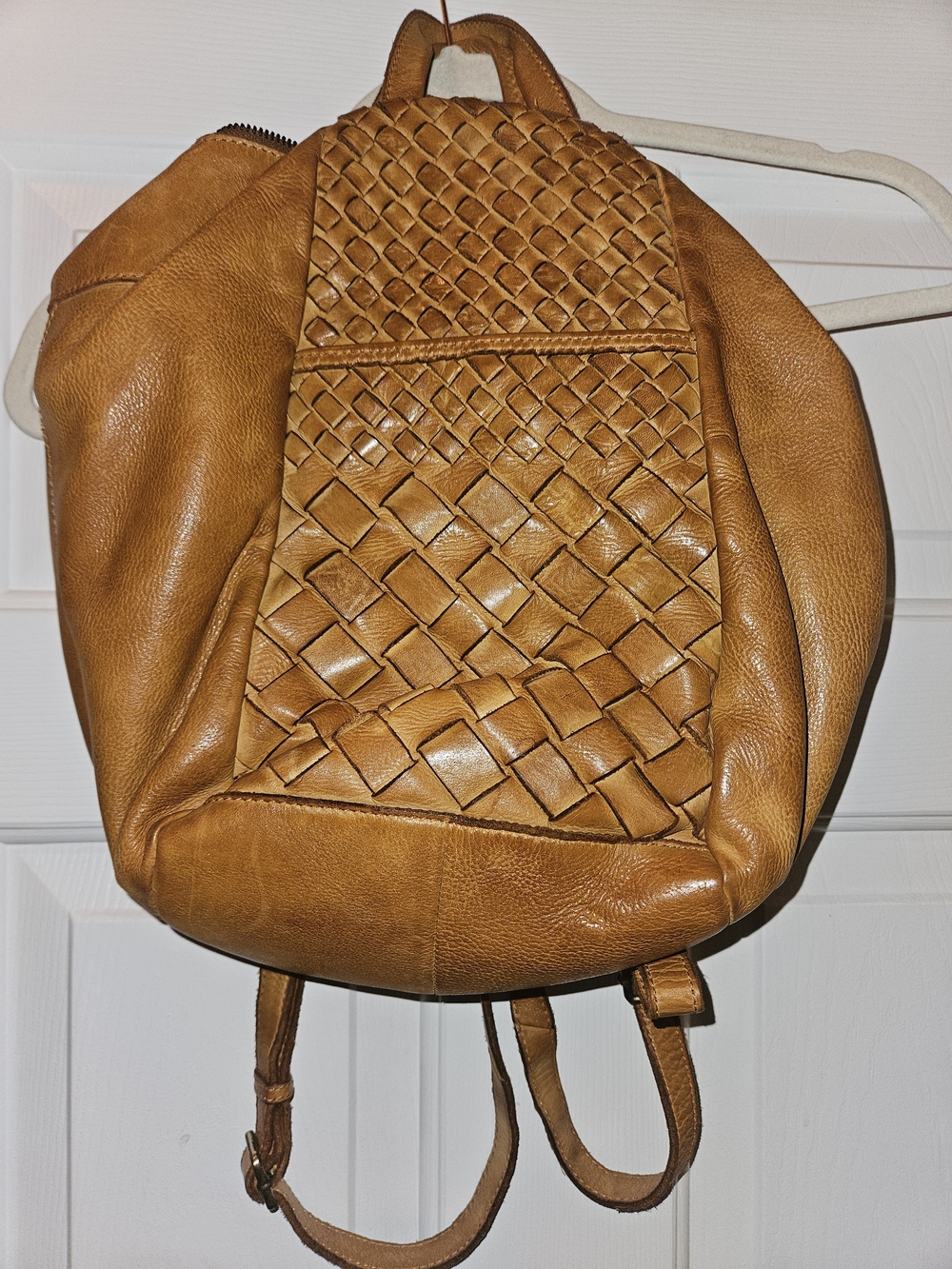 Woven Detail Tan Leather Backpack for Women